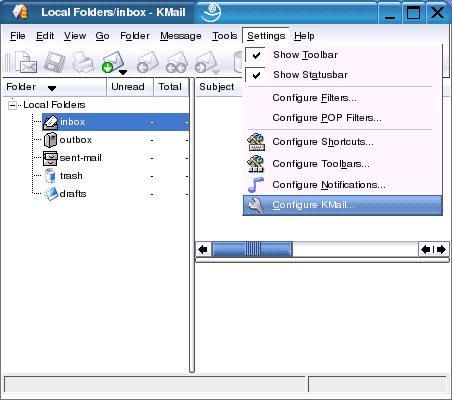 Opening configuration screen for Kmail for Linux
