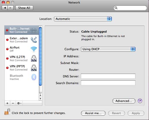 Mac OS 10 Dial-Up Internet Setup - Network configuration options