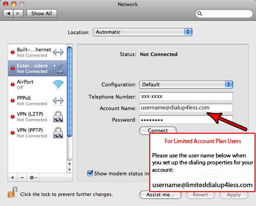 Mac OS 10 Dial-Up Internet Setup - Enter your phone number and account name - Your account name will depend on your account type