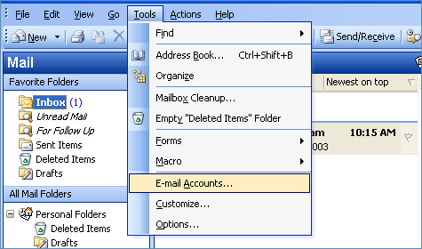 Outlook 2003 Email Setup - Click Email Accountsf rom the Tool menu