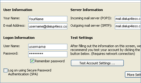 Outlook 2003 Email Setup - Enter Name, Username, Password and server information