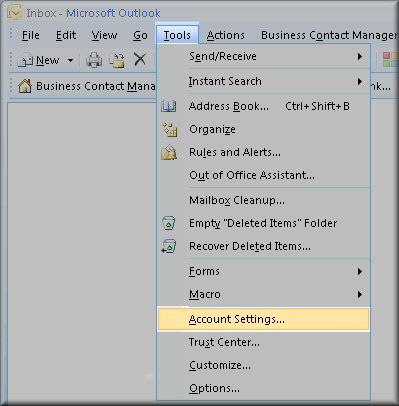Outlook 2007 Email Setup - Start by opening Account Settings