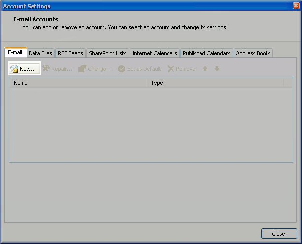 Outlook 2007 Email Setup - Select new to create a new account