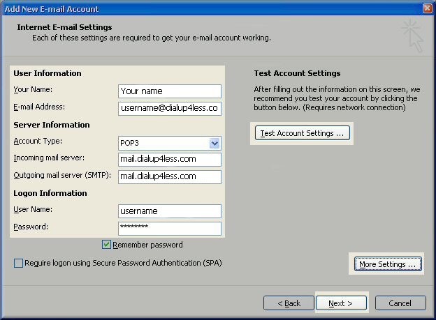 Outlook 2007 Email Setup - Enter your name, email address, account type, incoing/outgoing server, username and password and test account settings