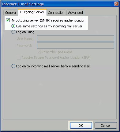 Outlook 2007 Email Setup - Choose email service - Select Outgoing Server tab