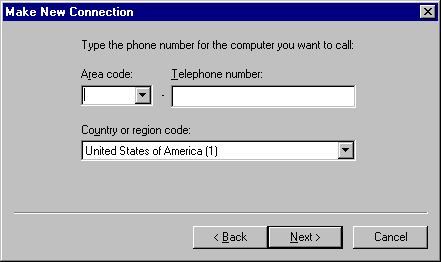 Windows 95 Set-up - Area code and phone