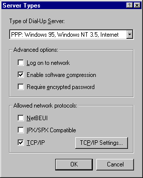 Windows 95 Set-up - Type of Dial up server
